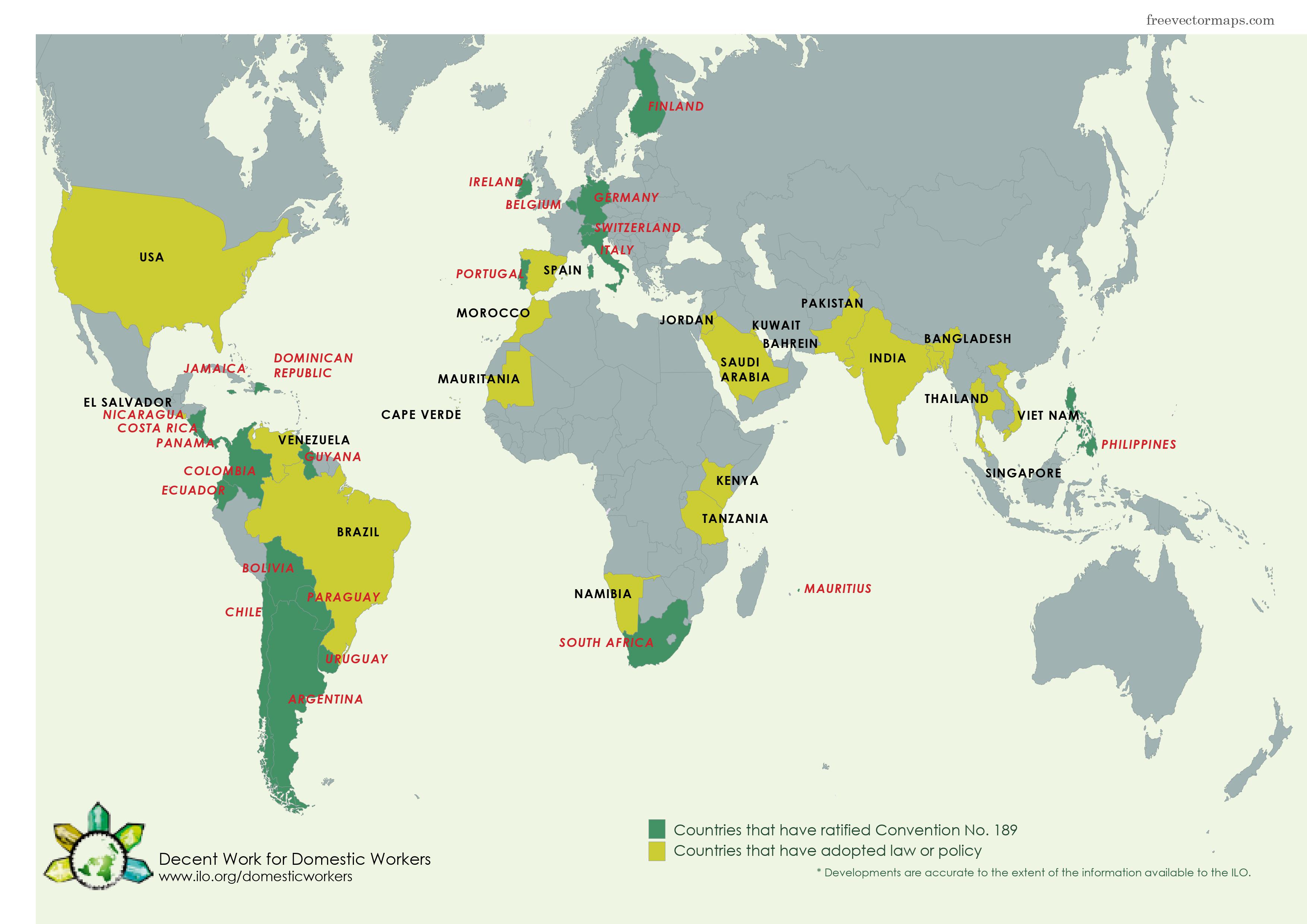 A map of the countries who have ratified ILO convention 189 and those who have turned it into policy